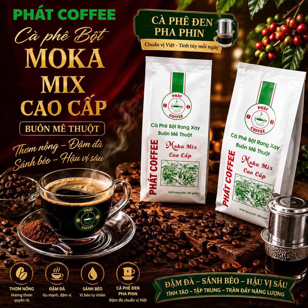 Cafe Bột pha phin PHÁT COFFEE Moka Mix Cao Cấp thơm nồng đậm hậu sánh béo