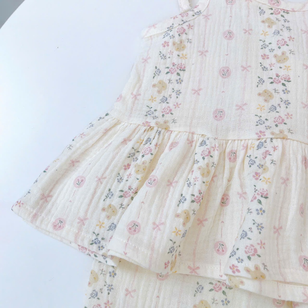 Bộ hai dây quần lửng bé gái xô muslin Lá Homewear XM01, bộ đồ hè bé gái mát nhẹ dễ thương