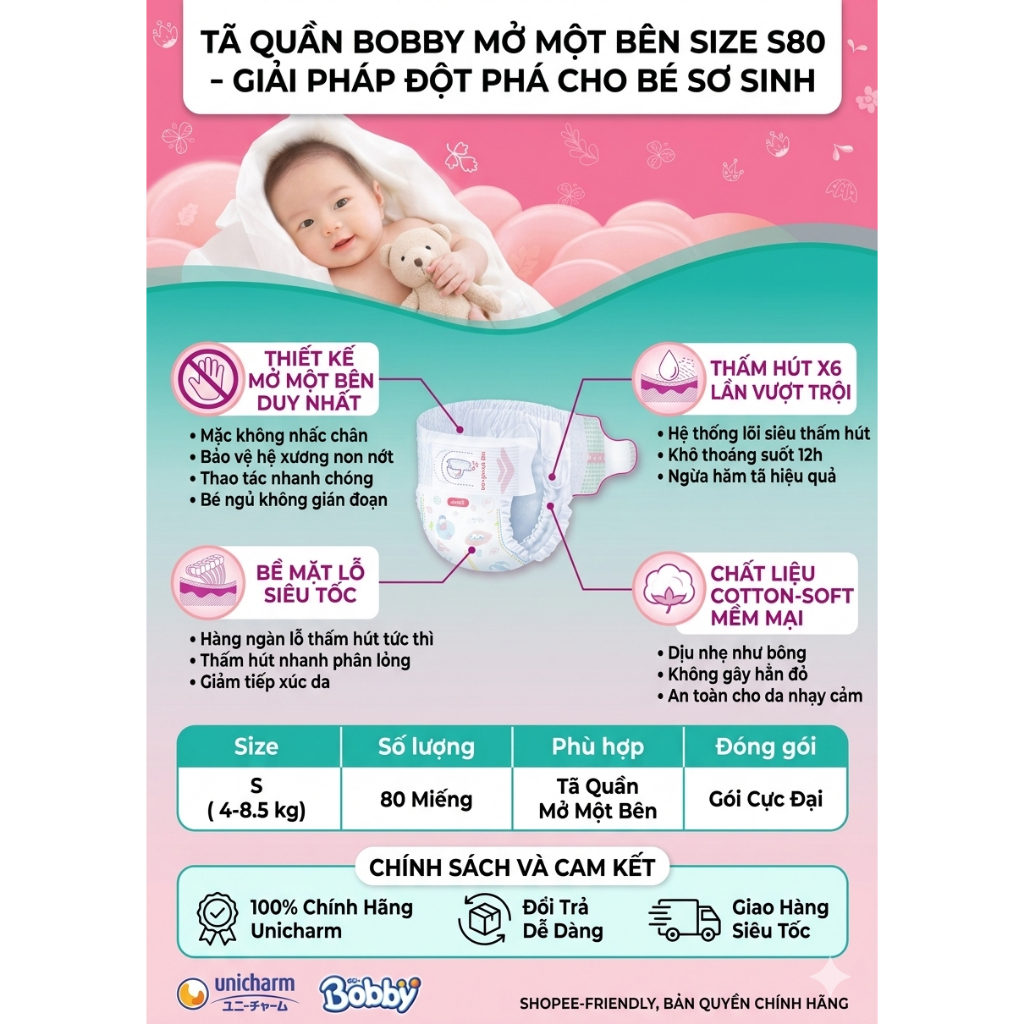 TÃ QUẦN MỞ MỘT BÊN BOBBY  S80 (4 - 8.5KG) - GÓI CỰC ĐẠI 80 MIẾNG