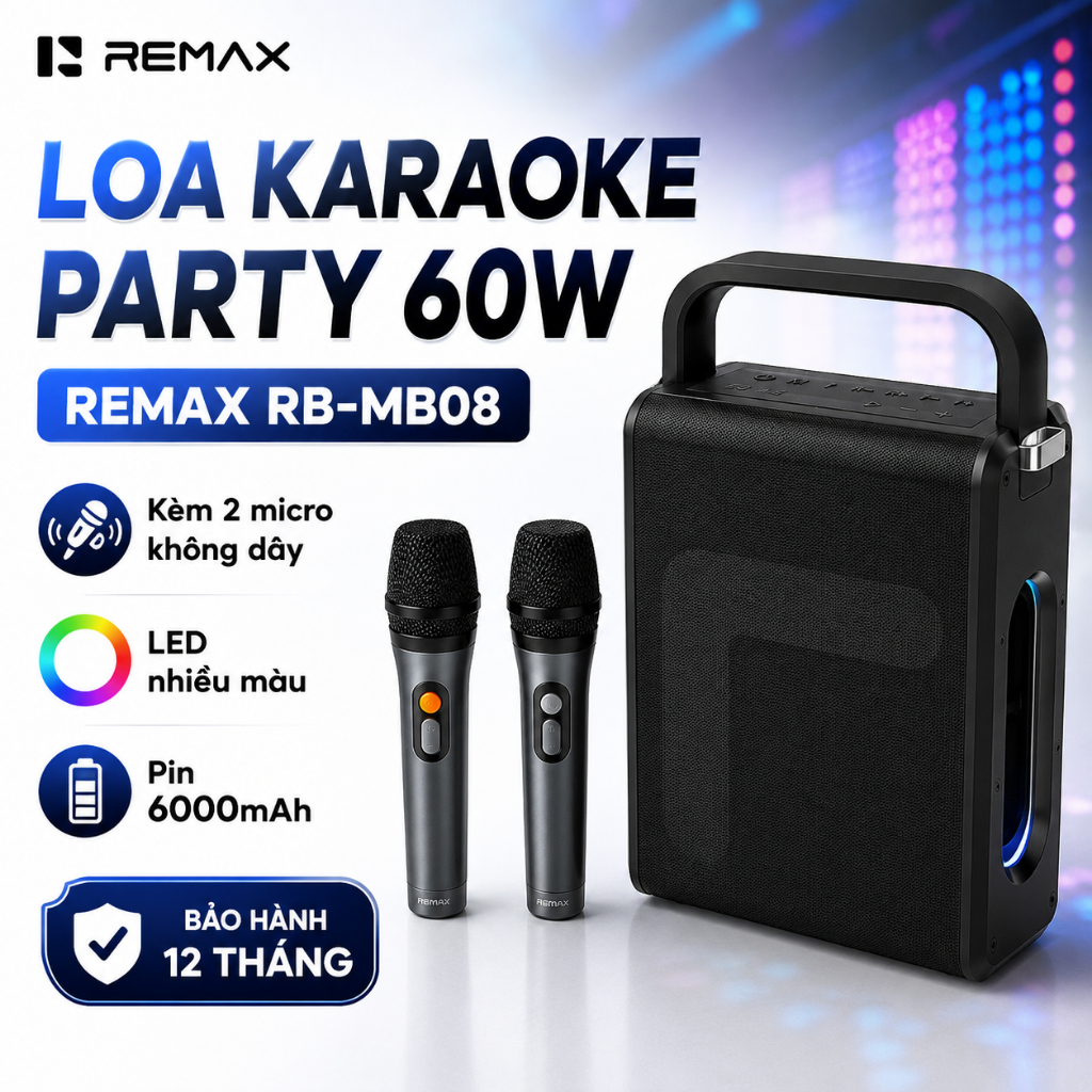 Loa Bluetooth Karaoke Kèm 2 Mic Không Dây Remax RB-MB08 60W Pin 8H Âm ...