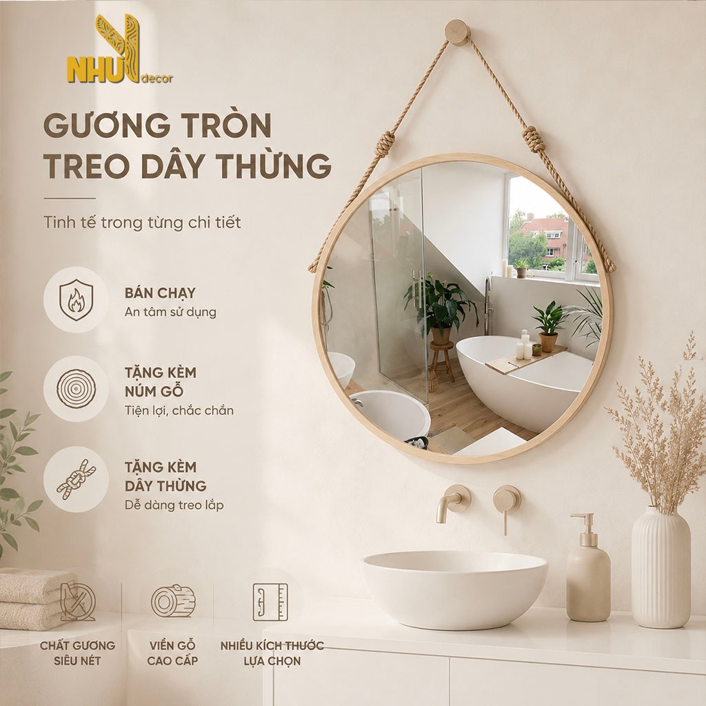 Gương tròn treo tường Nhu Y Decor, Gương tròn trang điểm viền gỗ đường kính tự chọn decor phòng ngủ, tặng phụ kiện treo