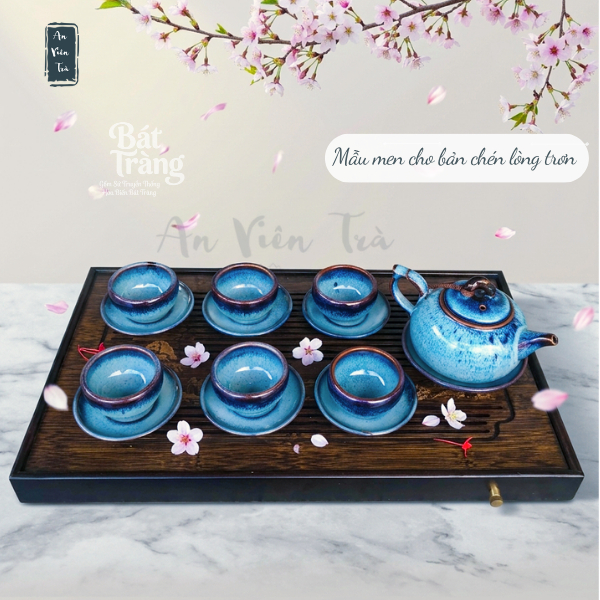Bộ ấm chén men Thiên Thanh Bát Tràng cao cấp - Dáng ấm quả hồng - Men hỏa biến - Tặng Kèm Khay