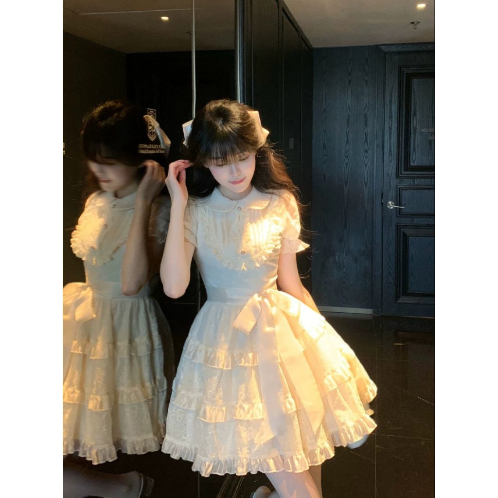 Đầm Tiểu Thư Màu Kem Tay Bồng Phối Ren Nơ Eo Dáng Xoè Babydoll Memeboutique [TLV30]