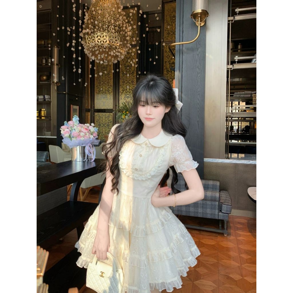 Đầm Tiểu Thư Màu Kem Tay Bồng Phối Ren Nơ Eo Dáng Xoè Babydoll Memeboutique [TLV30]