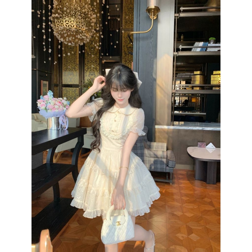 Đầm Tiểu Thư Màu Kem Tay Bồng Phối Ren Nơ Eo Dáng Xoè Babydoll Memeboutique [TLV30]