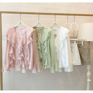 SEP House - Set tơ voan bèo sóng cổ V tay dài loe phối short kaki 3 màu pastel mùa he nhẹ nhàng - Hàng loại 1