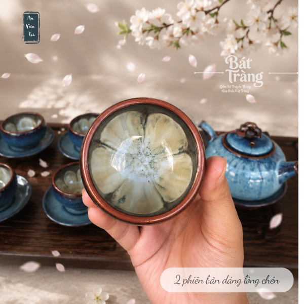 Bộ ấm chén men Thiên Thanh Bát Tràng cao cấp - Dáng ấm quả hồng - Men hỏa biến - Tặng Kèm Khay