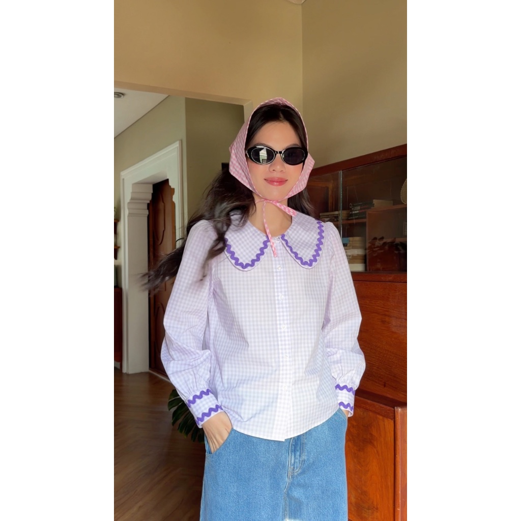 TheBlueTshirt - Áo sơ mi caro tay dài kiểu bèo tay nhún cho nữ - Jessie Shirt - Women