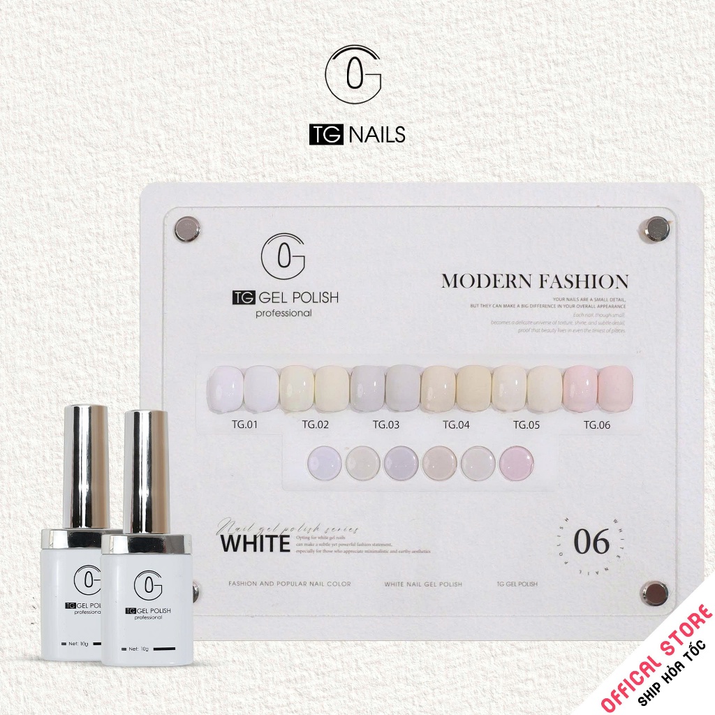 Set sơn gel 6 màu tone Trắng, thương hiệu TG, cọ tròn bóng mướt