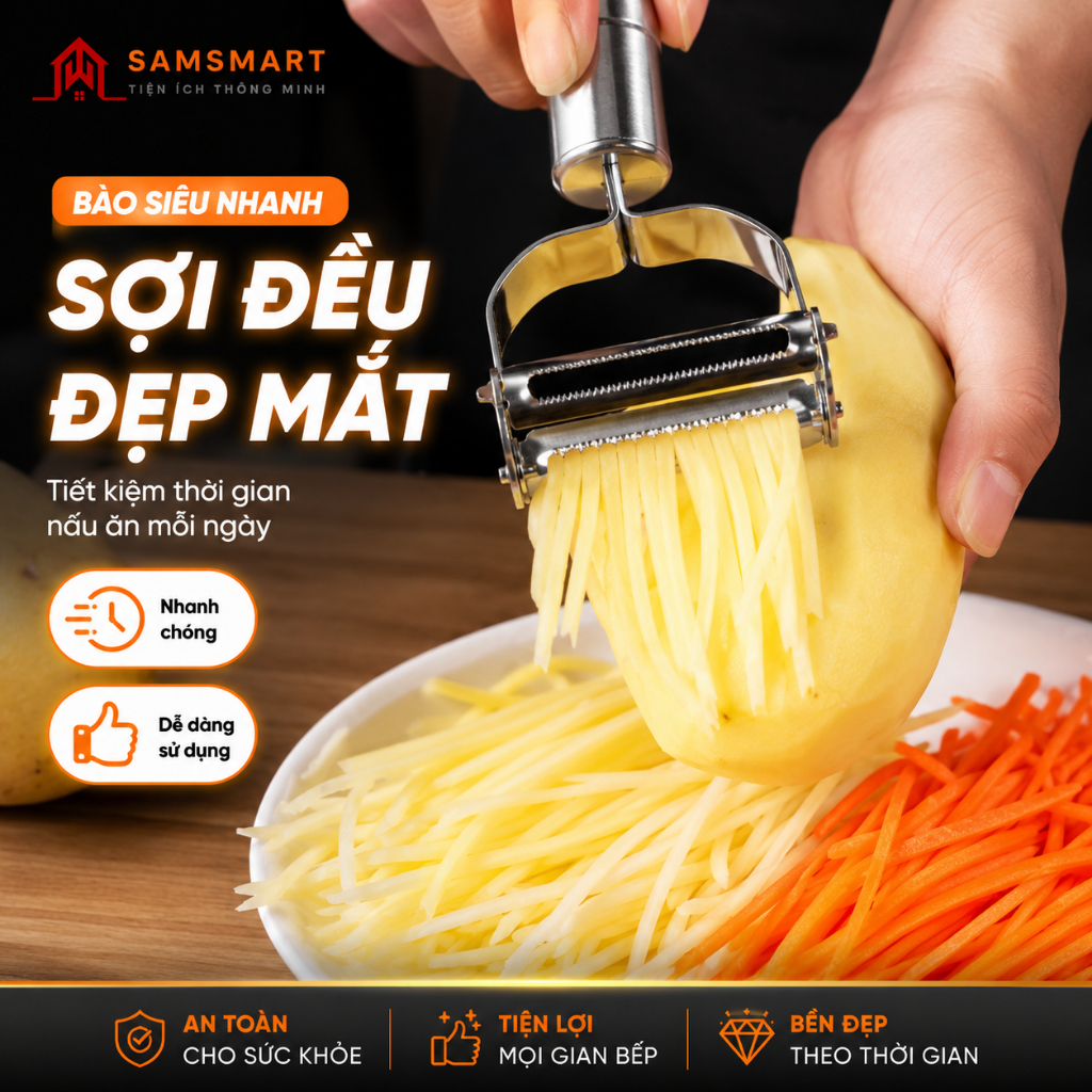 Dao Bào Rau Củ 2 Trong 1 Cao Cấp – Bào Vỏ Bào Sợi Siêu Nhanh Inox Không Gỉ SAMSMART