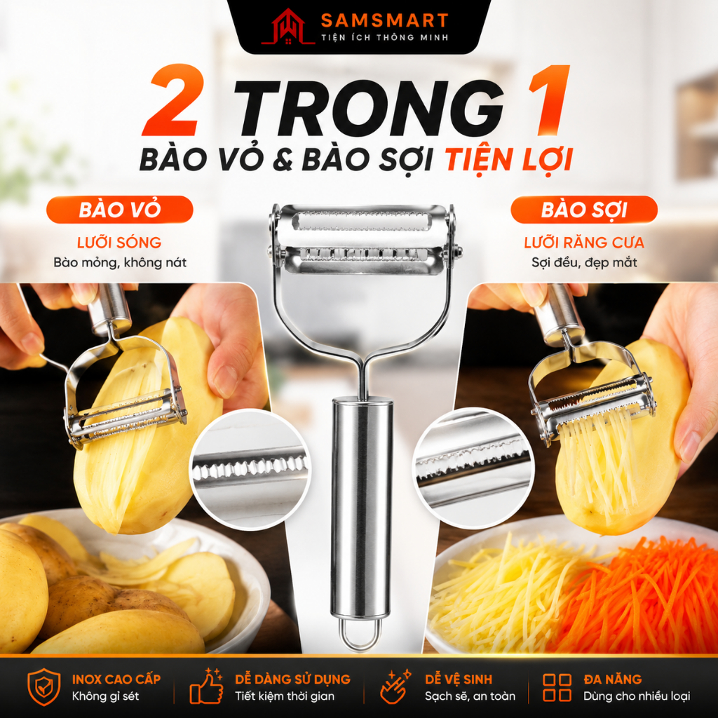 Dao Bào Rau Củ 2 Trong 1 Cao Cấp – Bào Vỏ Bào Sợi Siêu Nhanh Inox Không Gỉ SAMSMART