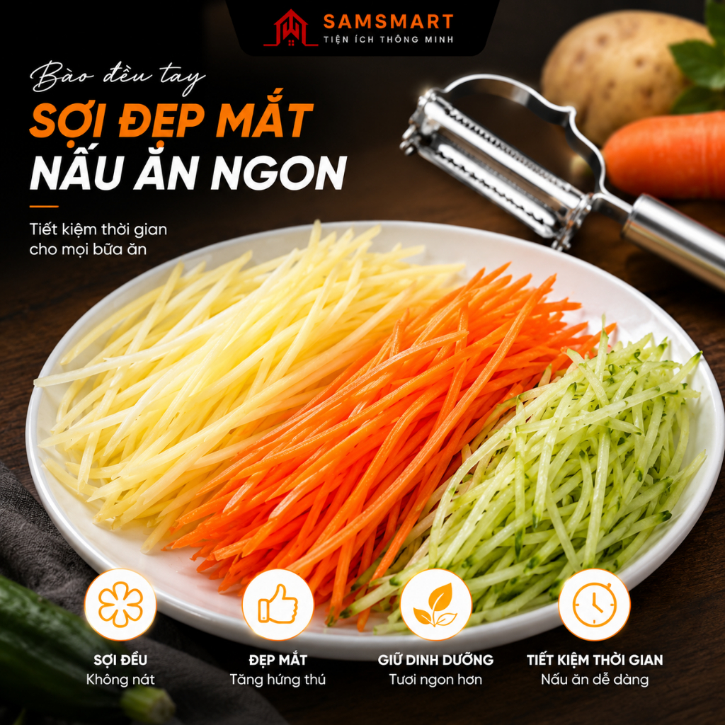 Dao Bào Rau Củ 2 Trong 1 Cao Cấp – Bào Vỏ Bào Sợi Siêu Nhanh Inox Không Gỉ SAMSMART