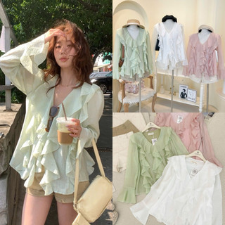 SEP House - Set tơ voan bèo sóng cổ V tay dài loe phối short kaki 3 màu pastel mùa he nhẹ nhàng - Hàng loại 1