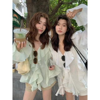 SEP House - Set tơ voan bèo sóng cổ V tay dài loe phối short kaki 3 màu pastel mùa he nhẹ nhàng - Hàng loại 1