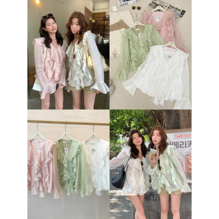 SEP House - Set tơ voan bèo sóng cổ V tay dài loe phối short kaki 3 màu pastel mùa he nhẹ nhàng - Hàng loại 1