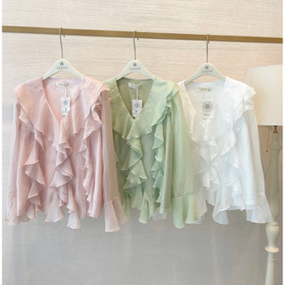 SEP House - Set tơ voan bèo sóng cổ V tay dài loe phối short kaki 3 màu pastel mùa he nhẹ nhàng - Hàng loại 1