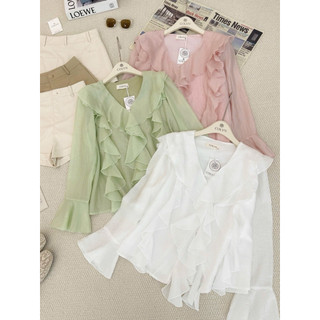 SEP House - Set tơ voan bèo sóng cổ V tay dài loe phối short kaki 3 màu pastel mùa he nhẹ nhàng - Hàng loại 1
