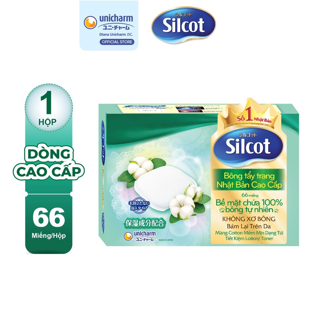 Bông tẩy trang cao cấp Silcot Nhật Bản Hộp 66 miếng xanh lá, nguyên liệu 100% bông tự nhiên