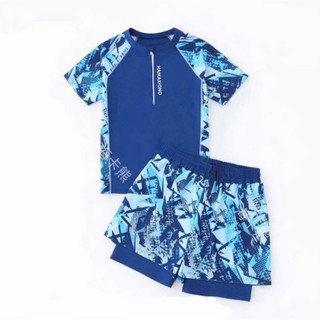 BK66 Đồ bơi bé trai áo cộc quần đùi 2 lớp khóa kéo trước,bộ quần áo bơi bé trai 20- 55kg