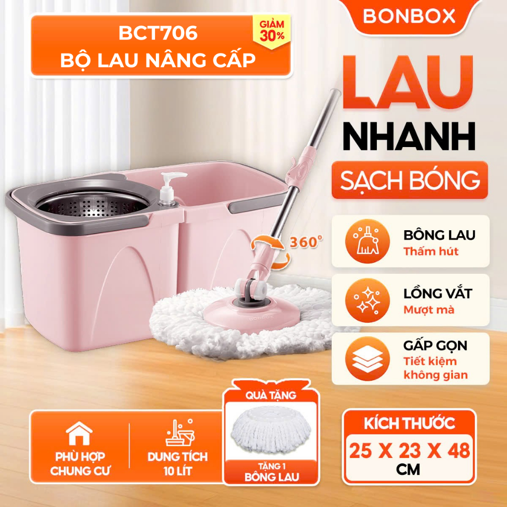 Bộ cây lau nhà thông minh xoay 360 độ BONBOX BCT706, cây lau nhà tự vắt có 2 ngăn tách nước bẩn có thể tháo rời - BH 12T