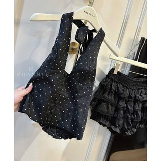 MIMI CLOTHING - Set áo yếm chấm bi đen phối quần váy tầng bèo nữ tính tiểu thư dáng ôm tôn eo cực xinh