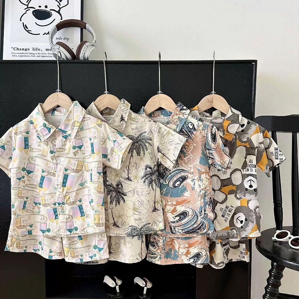 (HÀNG QCCC) Bộ quần áo sơ mi LỤA QC họa tiết CÂY DỪA , CÂY CỌ , GẤU ,chất liệu đũi lụa mềm mại , co dãn cho bé đi chơi ,