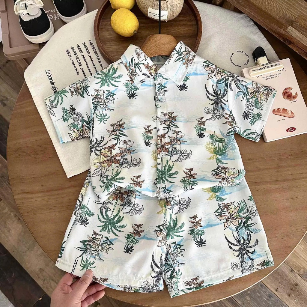 (HÀNG QCCC) Bộ quần áo sơ mi LỤA QC họa tiết CÂY DỪA , CÂY CỌ , GẤU ,chất liệu đũi lụa mềm mại , co dãn cho bé đi chơi ,