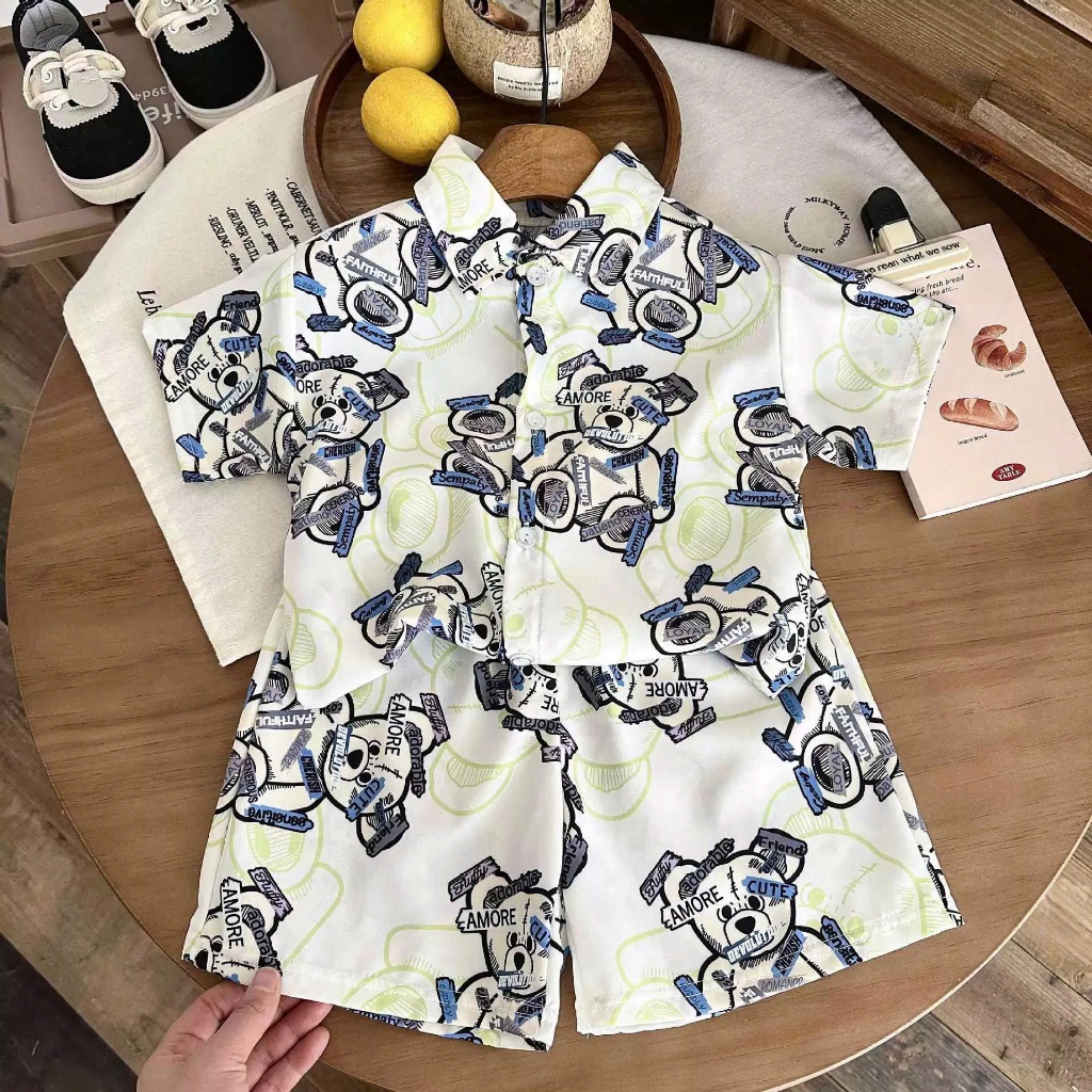 (HÀNG QCCC) Bộ quần áo sơ mi LỤA QC họa tiết CÂY DỪA , CÂY CỌ , GẤU ,chất liệu đũi lụa mềm mại , co dãn cho bé đi chơi ,