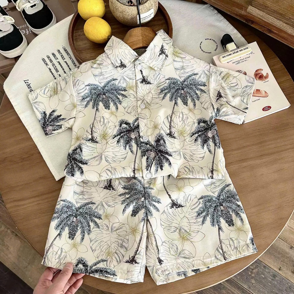 (HÀNG QCCC) Bộ quần áo sơ mi LỤA QC họa tiết CÂY DỪA , CÂY CỌ , GẤU ,chất liệu đũi lụa mềm mại , co dãn cho bé đi chơi ,