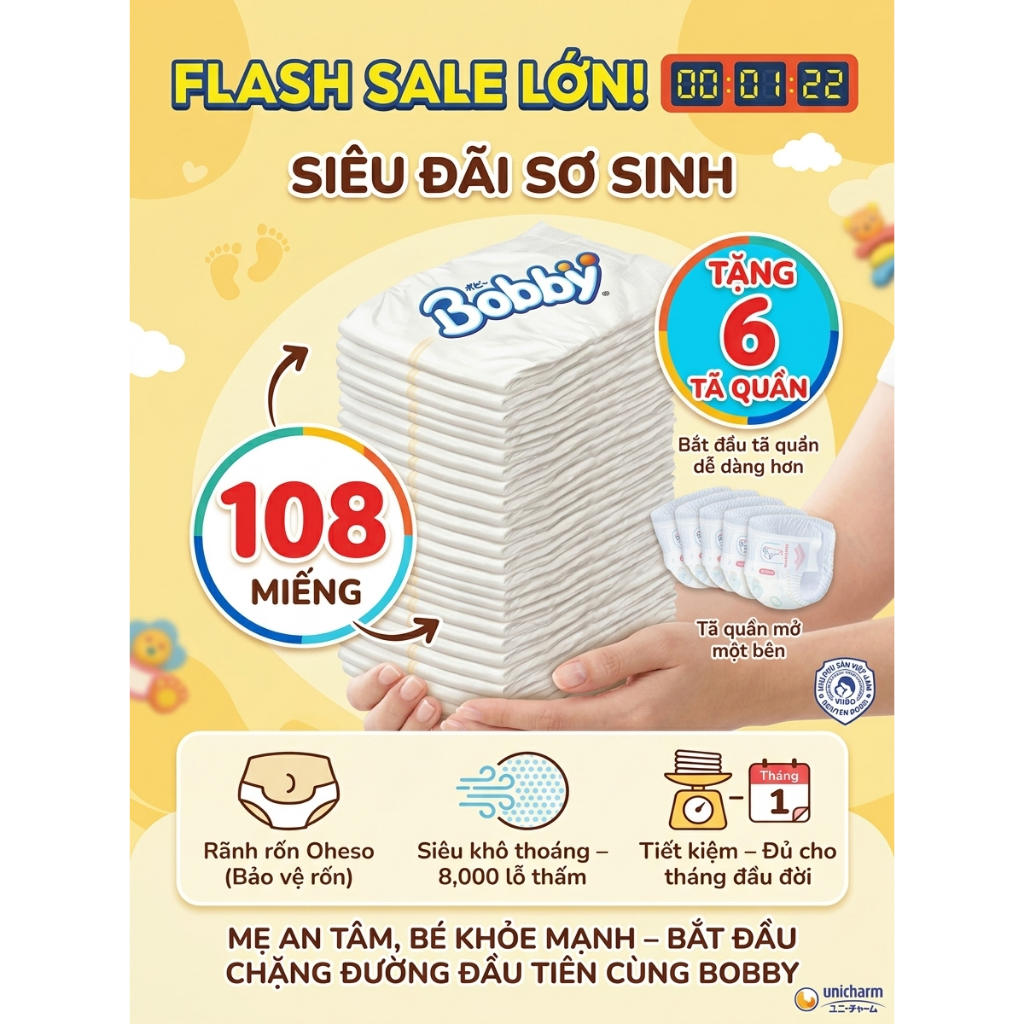 MIẾNG LÓT SƠ SINH BOBBY NEWBORN 1 (<1 THÁNG TUỔI) - GÓI ĐẠI 108 MIẾNG