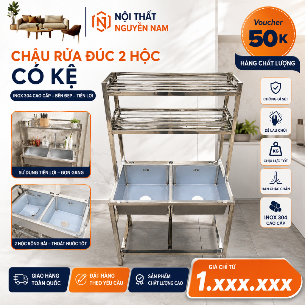 CHẬU RỬA INOX 304  (kèm xả + vòi)