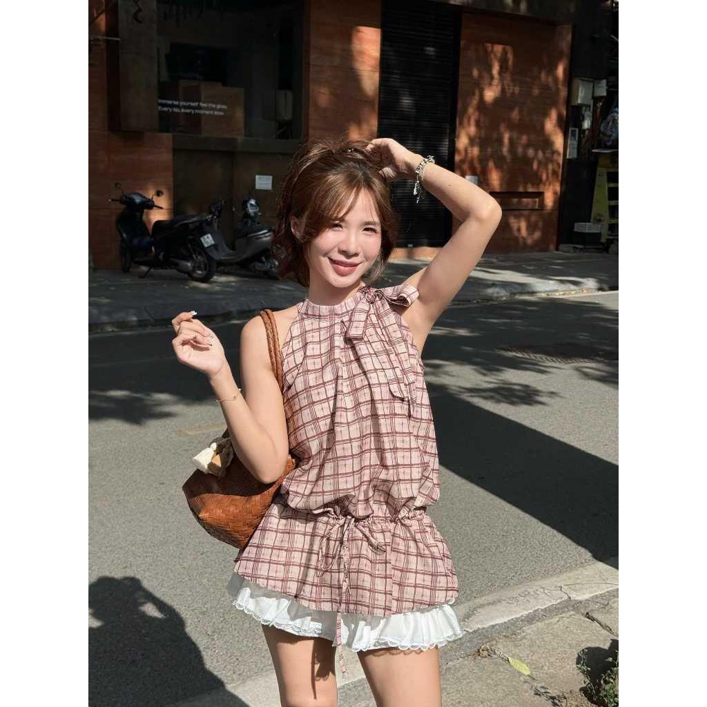 Misu Top (TSW) Áo caro sát nách buộc nơ cổ Nữ the.sweaterweather