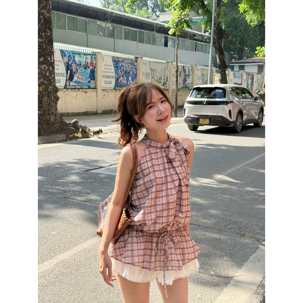 Misu Top (TSW) Áo caro sát nách buộc nơ cổ Nữ the.sweaterweather