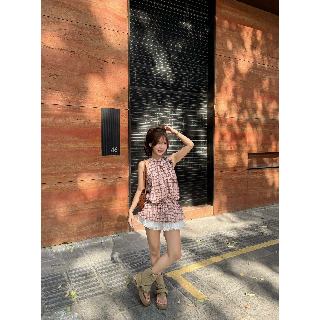 Misu Top (TSW) Áo caro sát nách buộc nơ cổ Nữ the.sweaterweather