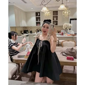 Váy Babydoll Nữ Dáng Rộng Nơ Vai Hoa Lụa Cao Cấp | Đầm Form A Dễ Thương Phong Cách Hàn Quốc
