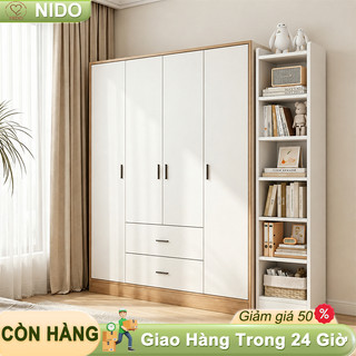 Tủ quần áo 6 cánh 2 ngăn kéo Phòng ngủ hiện đại Màu gỗ phối trắng Sức chứa lớn gọn nhà 𝐍𝐈𝐃𝐎