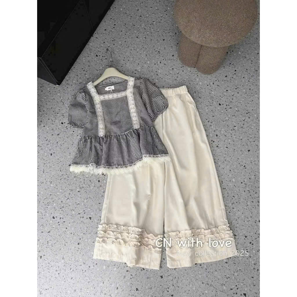 Set Bộ Caro Babydoll Tay Bồng Viền Ren Kèm Quần Suông Ống Rộng Viền Bèo Xinh - CHAMIE STUDIO