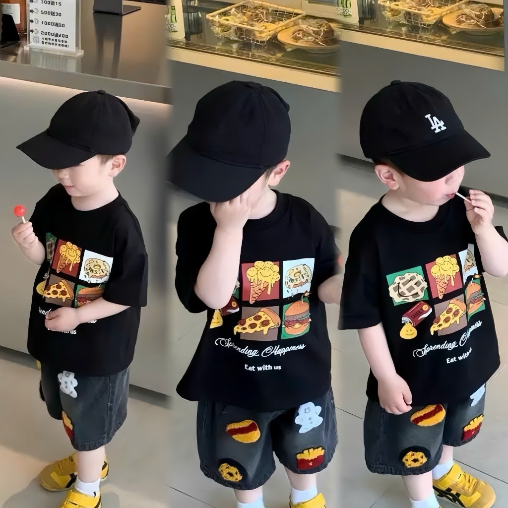 (VNTK)Bộ hè Hình Pizza donut HOT DOG áo chất cotton mềm mịn thoáng mát kèm quần jean Thêu nổi 3D cho bé đi học đi chơi s
