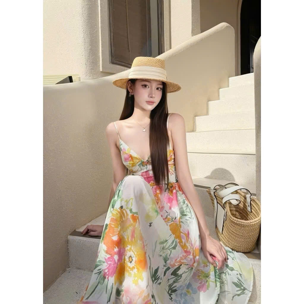 Đầm Maxi 2 Dây Họa Tiết Hoa Mùa Hè Mềm Mại Form Xòe Tôn Dáng by Chamie Store