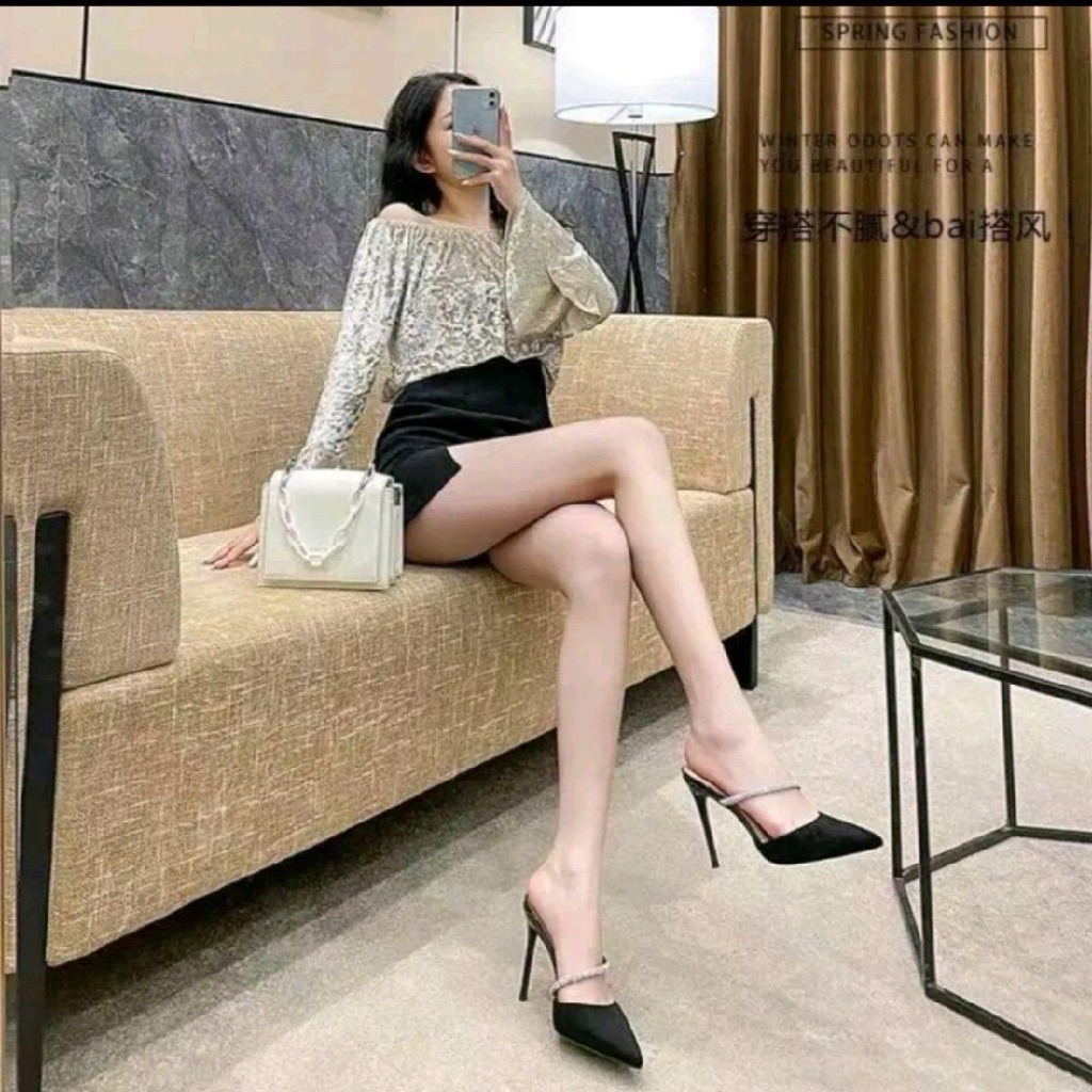 Bigsize 35-41 Giầy Sục cao gót mũi nhọn phối dây đá chéo chất da mềm mịn có gót vuông và gót nhọn cao 5p-9p Mã B22