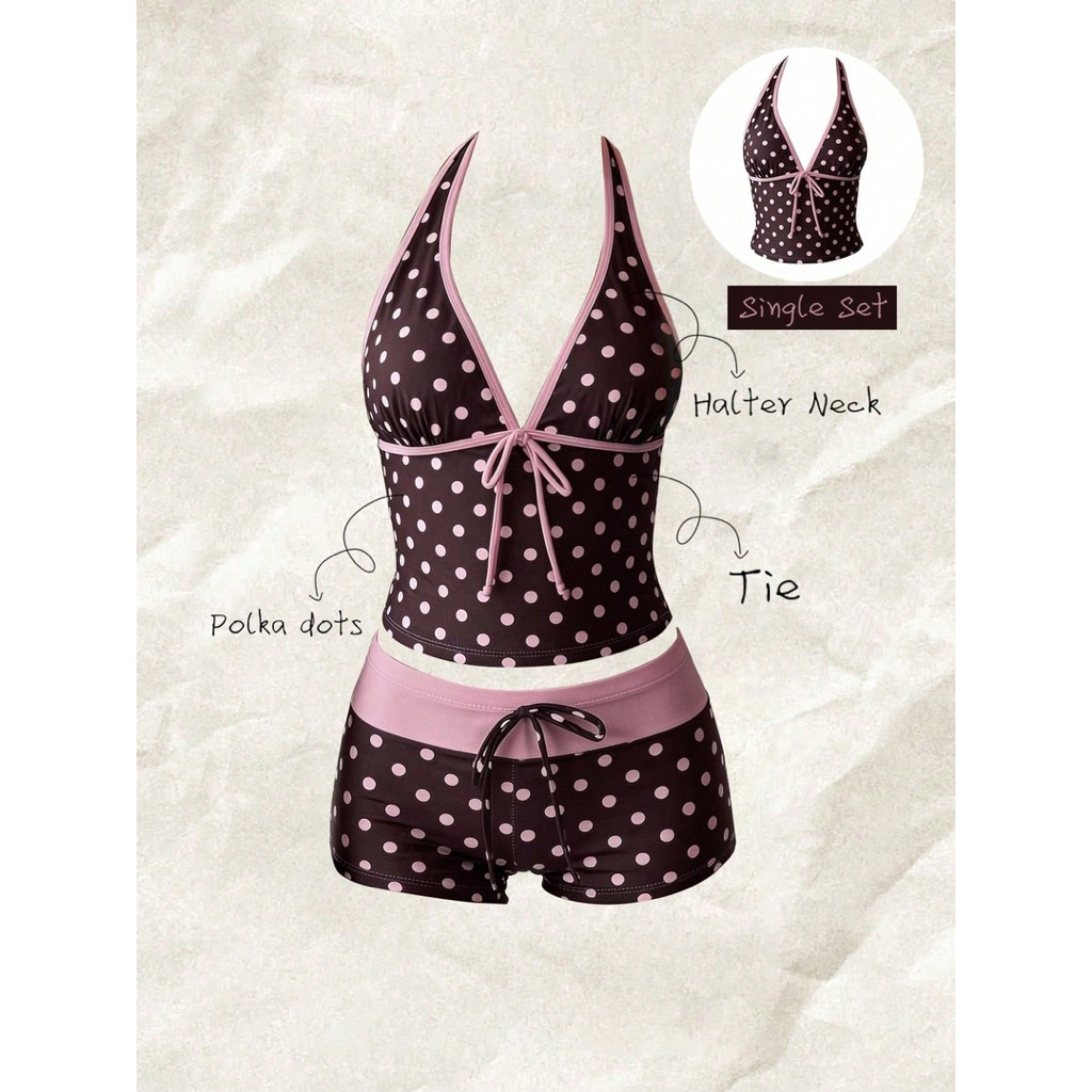 ✨HÀNG SẴN TRONG MÔ TẢ - Luminous - Bikini 2 mảnh tách set áo cột cổ hở lưng + quần short lưng thắt nơ chấm bi/sọc/caro✨