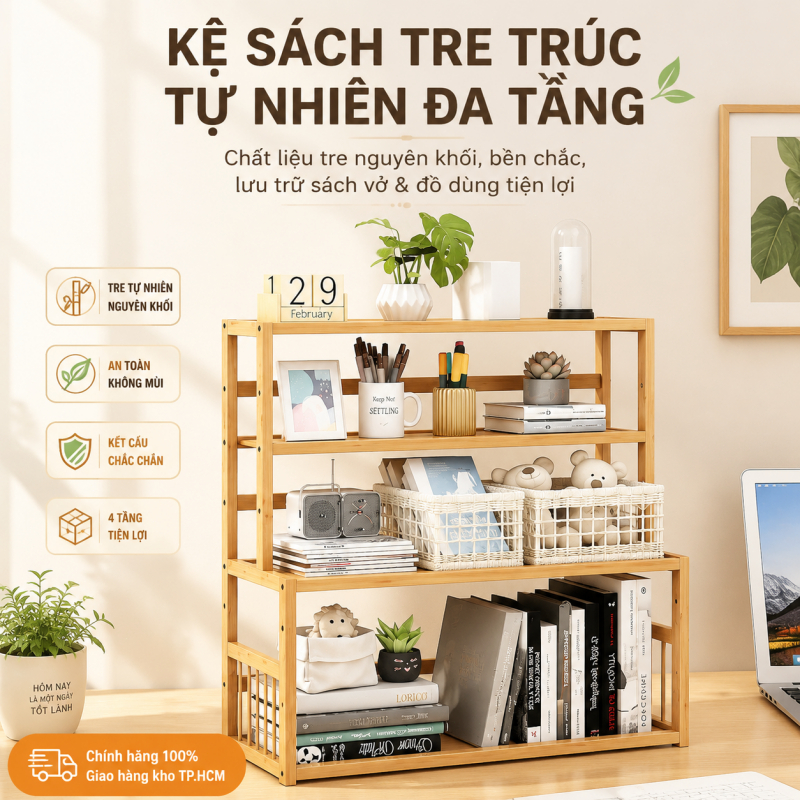 Kệ Sách Tre Trúc Đa Năng tre nguyên khối chống ẩm an toàn tối ưu không gian bảo hành ship nhanh