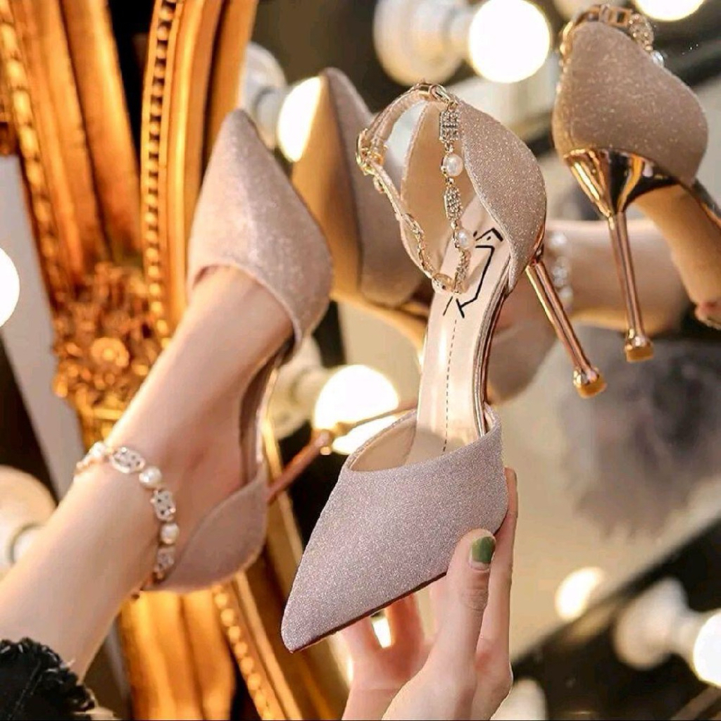 Bigsize 35-41 Giầy Sục mũi nhọn hậu bít trang trí lắc xích ánh kim chất da kim tuyến sóng gót cao 5-9p mã B25