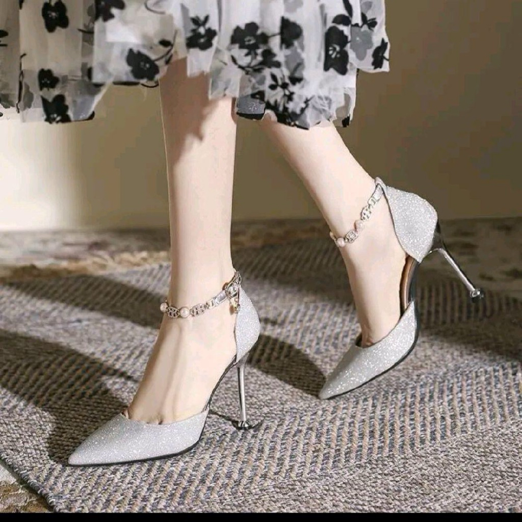 Bigsize 35-41 Giầy Sục mũi nhọn hậu bít trang trí lắc xích ánh kim chất da kim tuyến sóng gót cao 5-9p mã B25