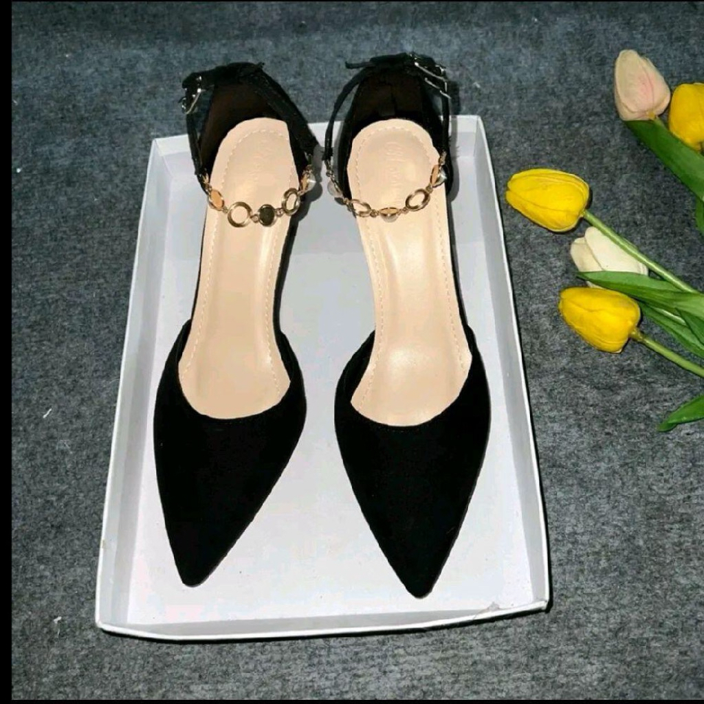 Bigsize 35-41 Giầy Sục mũi nhọn hậu bít trang trí lắc xích ánh kim chất da kim tuyến sóng gót cao 5-9p mã B25