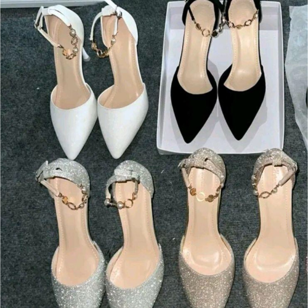 Bigsize 35-41 Giầy Sục mũi nhọn hậu bít trang trí lắc xích ánh kim chất da kim tuyến sóng gót cao 5-9p mã B25