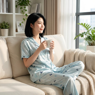 Bộ đồ ngủ nữ lụa tay ngắn họa tiết cún cute – Pijama mặc nhà mềm mịn chất lụa cao cấp họa tiết dễ thương [THỎ BƯỚM]