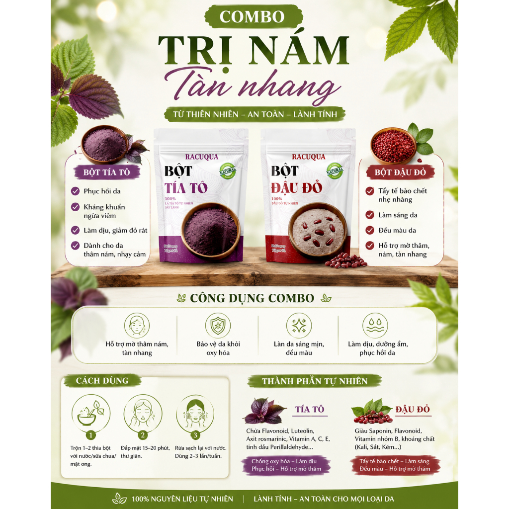 Combo Giảm Nám, Tàn Nhang Tía Tô + Đậu Đỏ RACUQUA 150g