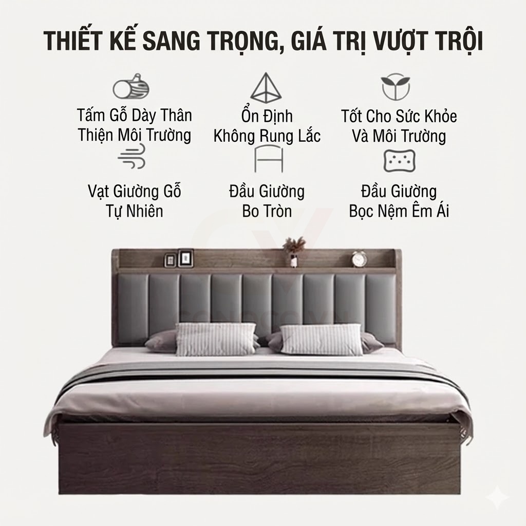 Giường Ngủ Gỗ Bọc Nệm Cao Cấp CONOCO Ván Giường Kín Chống Ồn Chịu Lực Tốt 1m6 1m8