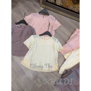 Sét áo tơ cộc tay thêu đục hình lá + quần xuông siêu nhẹ